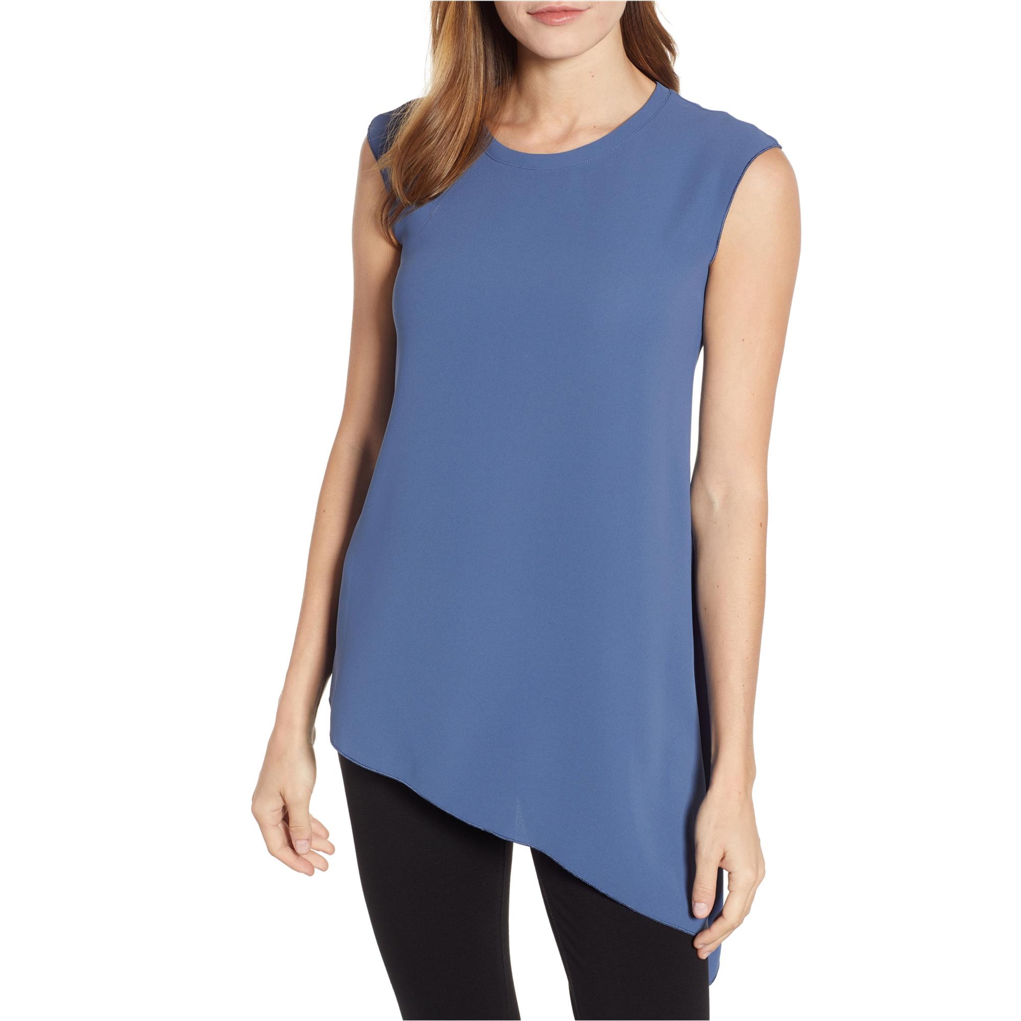 Anne Klein Womens Asymmetrical Hem Pullover Blouse, Blue, 2